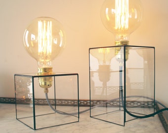 Geometric lamp - Industrial lighting - Handmade - Glass - Brass socket - Gold - Desk/Bedside lamp - Edison bulb - Gift - Minimalist