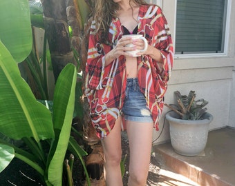 SALE Multicolor Coral/Gold Chain Print Sheer Kimono, Flowy Kimono Cardigan