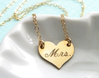Bridal Shower Gift • Mrs. Engraved Heart Necklace • Engraved Mrs. • New Bride Gift • Honeymoon Gift • Layering Necklace • New Wife