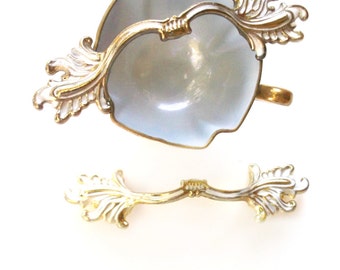 French Shabby Chic Dresser Pull. French Provincial Romance. Baroque Ornate Drawer Handle. Leaf Design w Crown. Gold white Overlay.
