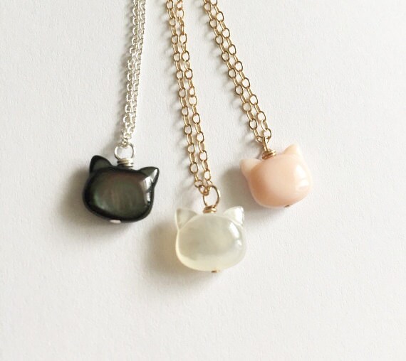 Mother of Pearl Cat Necklace Tiny Cat Necklace Cat Pendant