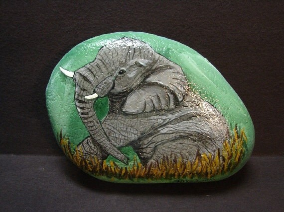 Elephant sitting hand painted rock FREE SHIPPING