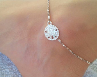 Silver sand dollar anklet with tiny freshwater pearls