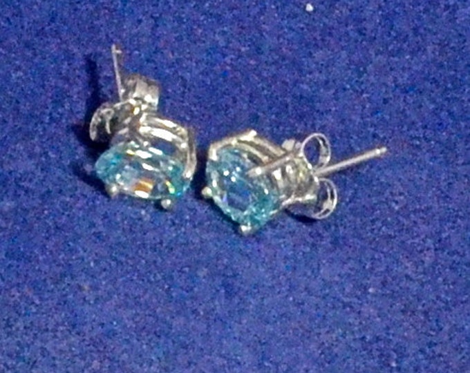 Blue Zircon Studs,7x5mm Oval, Natural, Set in Sterling Silver E946