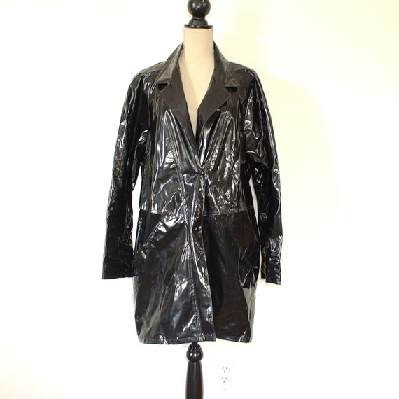 Vintage Black Vinyl Raincoat 80s Goth Witchy Rain Coat