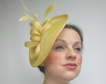 SALE Yellow Fascinator Hat - Yellow Hat, Races Hat, Wedding Hat, Fascinators, Hatinator, Yellow Headpiece, Saucer, Sinamay Hat, Tea Party