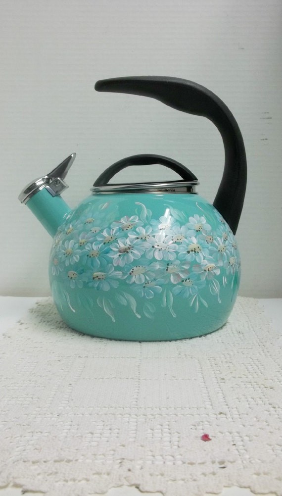 Tea Kettle Turquoise Enamel Hand Painted by FolkArtByNancy on Etsy