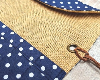 NAVY BLUE CASE Polka Knitting Crochet Needle Roll Organiser Holder Cotton Jute Hessian Burlap Antique Brass Eyelet Brown Leather Fabric Gift