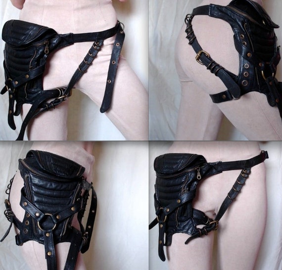 HQ VEGAN Pleather Black and Camel Hip Bag with Detachable Leg Harness by ElvenStarMagick steampunk buy now online