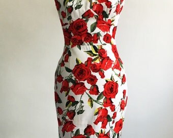 Red rose dress, floral dress, summer dress, vintage style dress, red and white dress, midi dress, mid-length dress, cotton dress, 50s dress