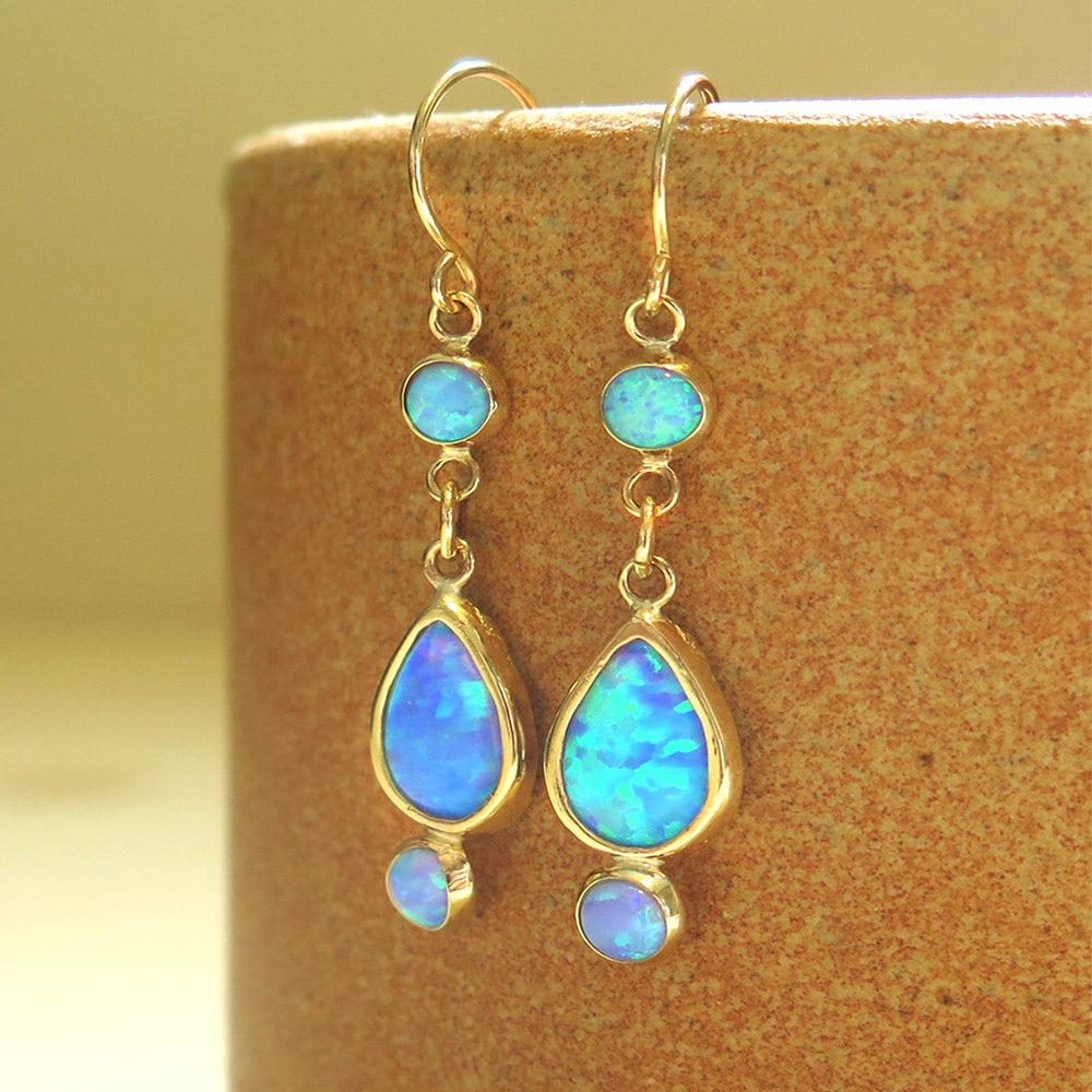 Opal Earrings 14K Gold Opal Drop Earrings Blue Opal