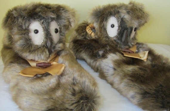 Owl Novelty  Slippers Brown Fleck Faux Fur Made to Measure Poodle Plush Lined Man's Size 12-13 Practical Warm Footwear Unusual Unisex Gift