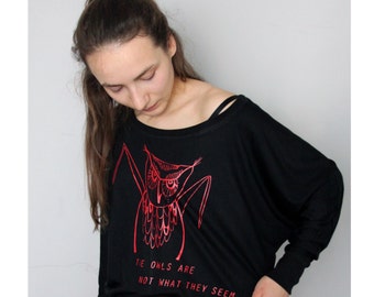 Off shoulder top, twin peaks shirt, the owls are not what they seem, spooky blouse, hand drawn flowy shirt