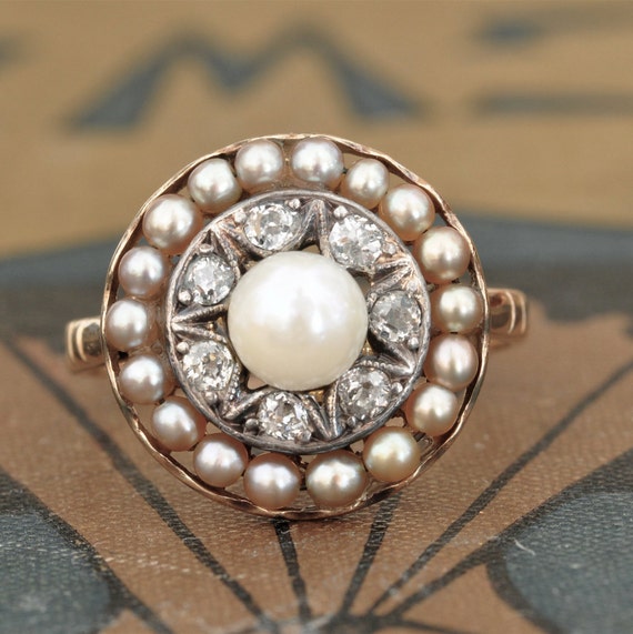 Victorian Pearl Diamond Engagement Ring-Unique Engagement