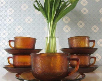 Five Vintage Glass Cup and Saucers Yellow or Amber Sierra by Arcoroc 70s