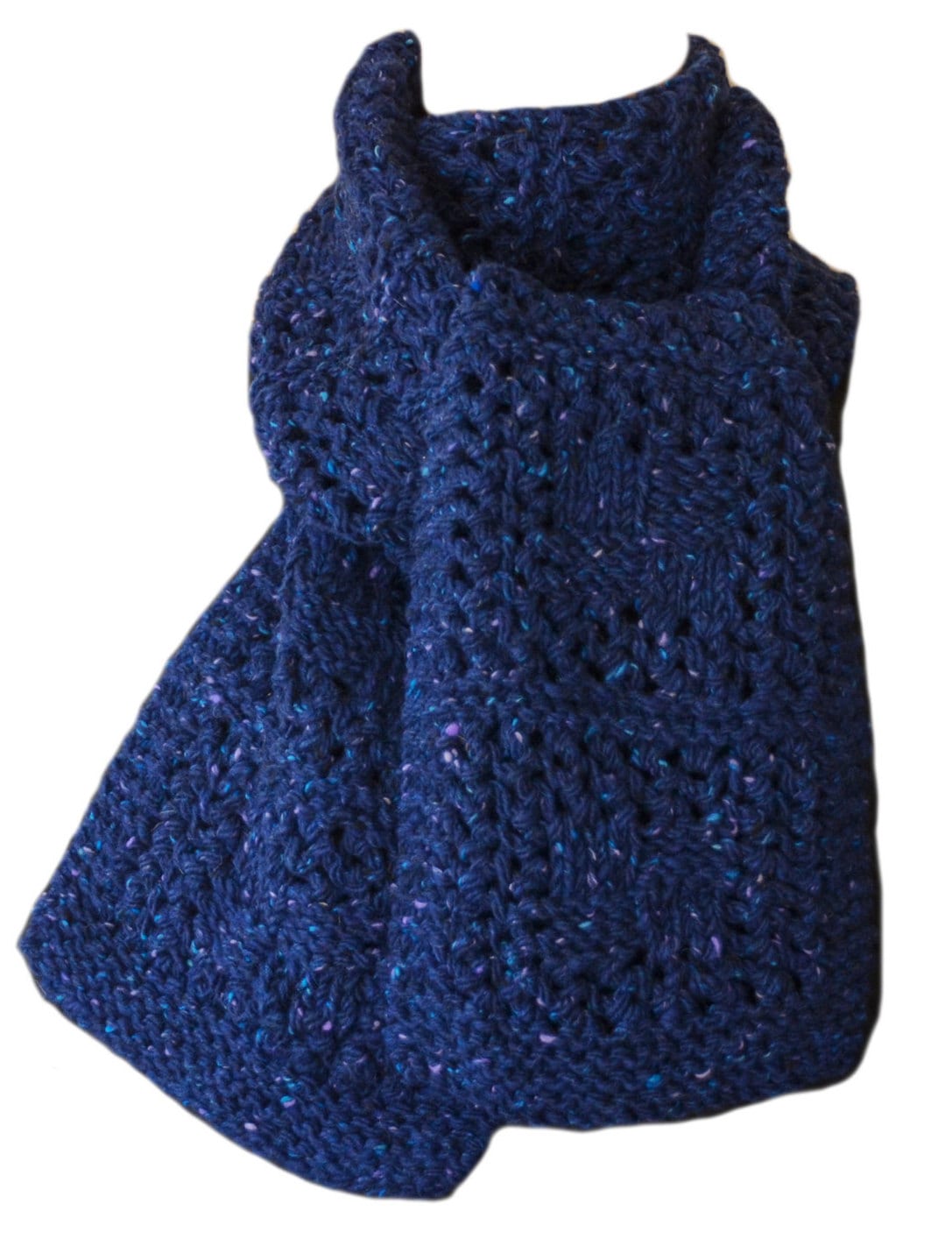 Hand Knit Scarf Blue Tweed Checkerboard Wool