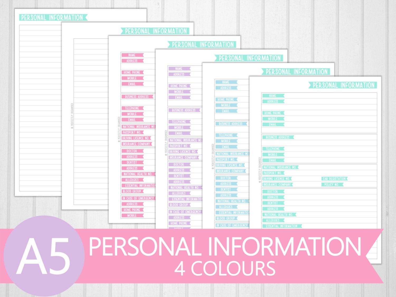 A5 Personal Information Planner Printable 4 Colours Pastel