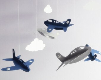 Airplane Mobile - Handmade Airplane and Cloud Nursery Mobile , Navy and Grey Airplanes , Boys Hanging Mobile , Choose Your Colors