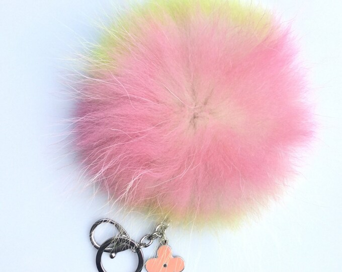NEW Collection Dimensional Swirl™ Multi Color Raccoon Fur Pom Pom bag charm clover flower charm keychain piece no.291