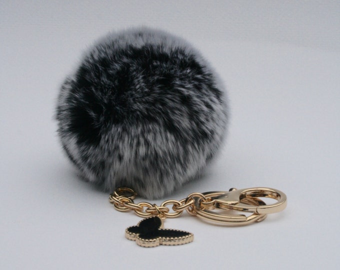 Butterfly Collection Black frost fur pom pom keychain REX Rabbit fur pom pom ball with butterfly charm