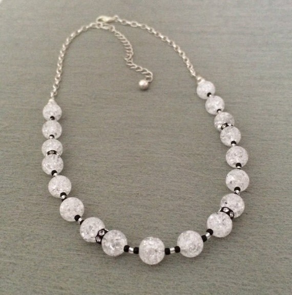 White Crackle Bead Necklace Beaded White Black Necklace Dressy