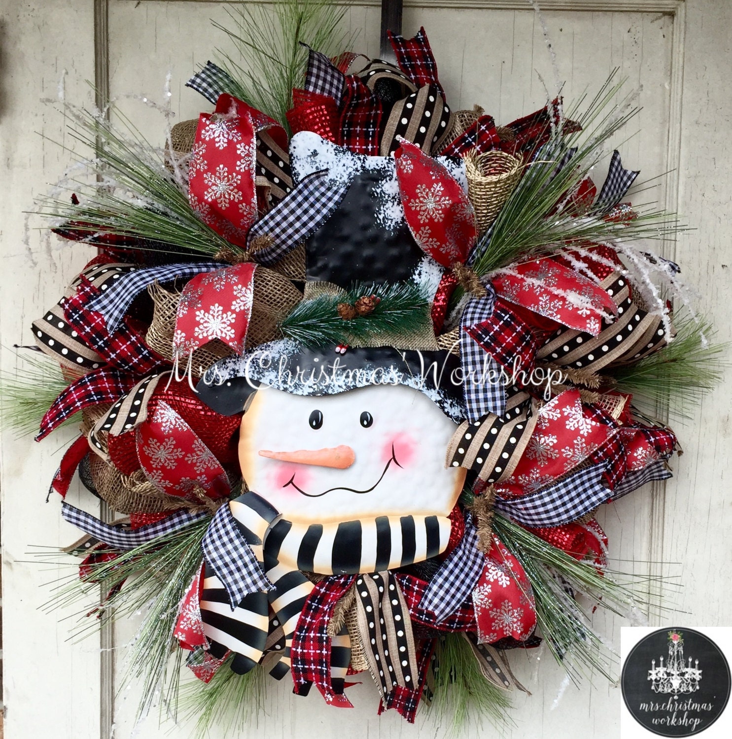Deco mesh wreath winter wreath snowman wreath red snowflake