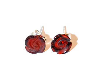 Amber Earrings Genuine Amber Rose Style Stud Earrings Silver Details
