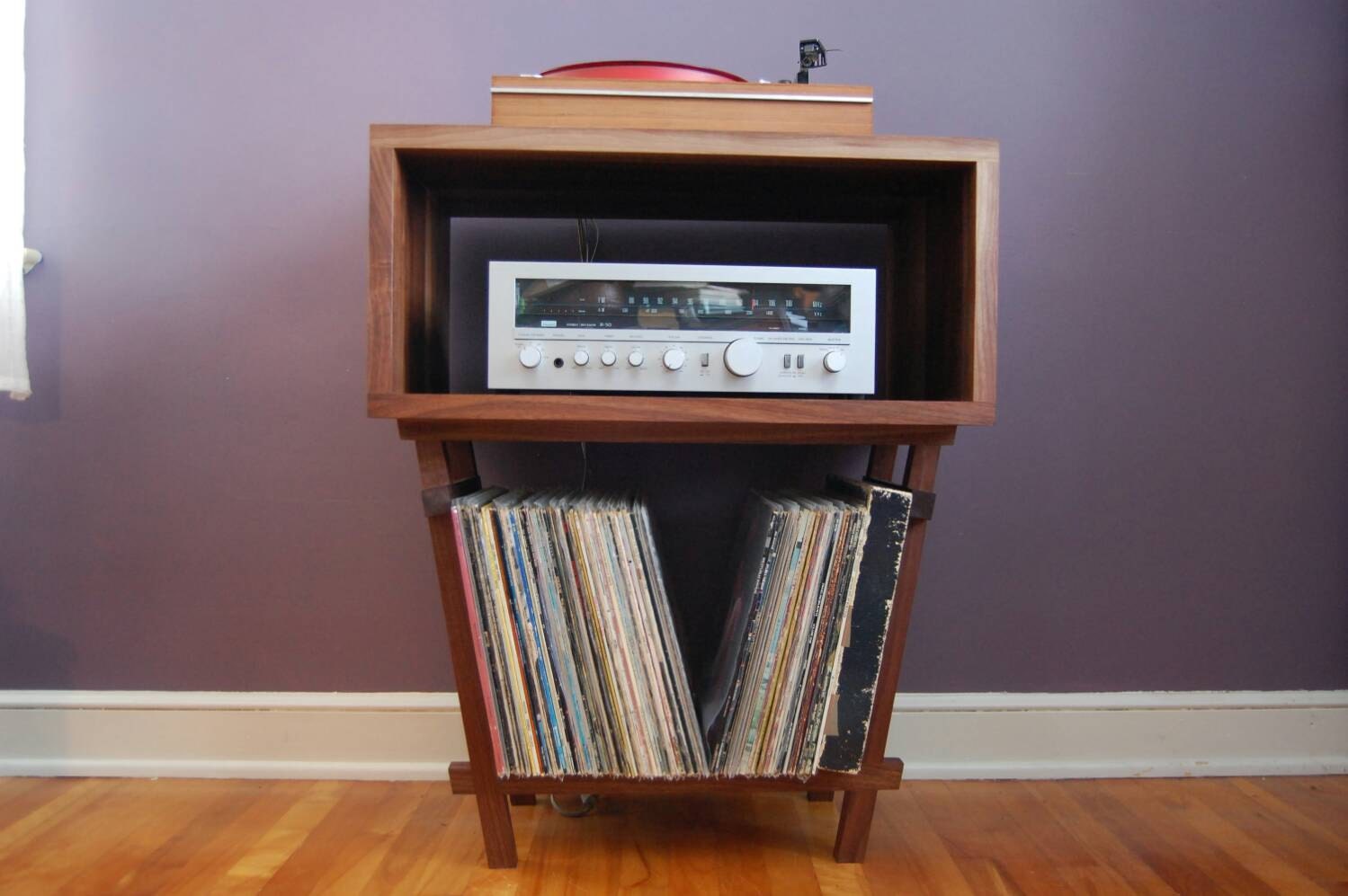 Beautiful Solid Walnut Record Player Table / Amp and LP Holder