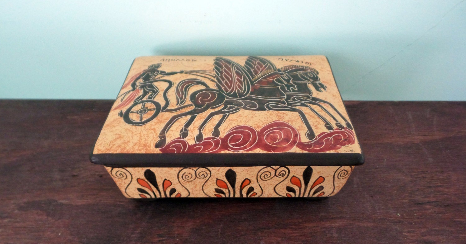 Painted Vintage Greek Terracotta Jewelry, Trinket, or Keepsake Box