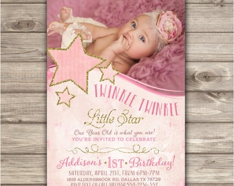 Printable Photo Twinkle Twinkle Little Star Birthday Invitations Shabby Chic Pink Gold Glitter Theme Party girl First Birthday NV1002