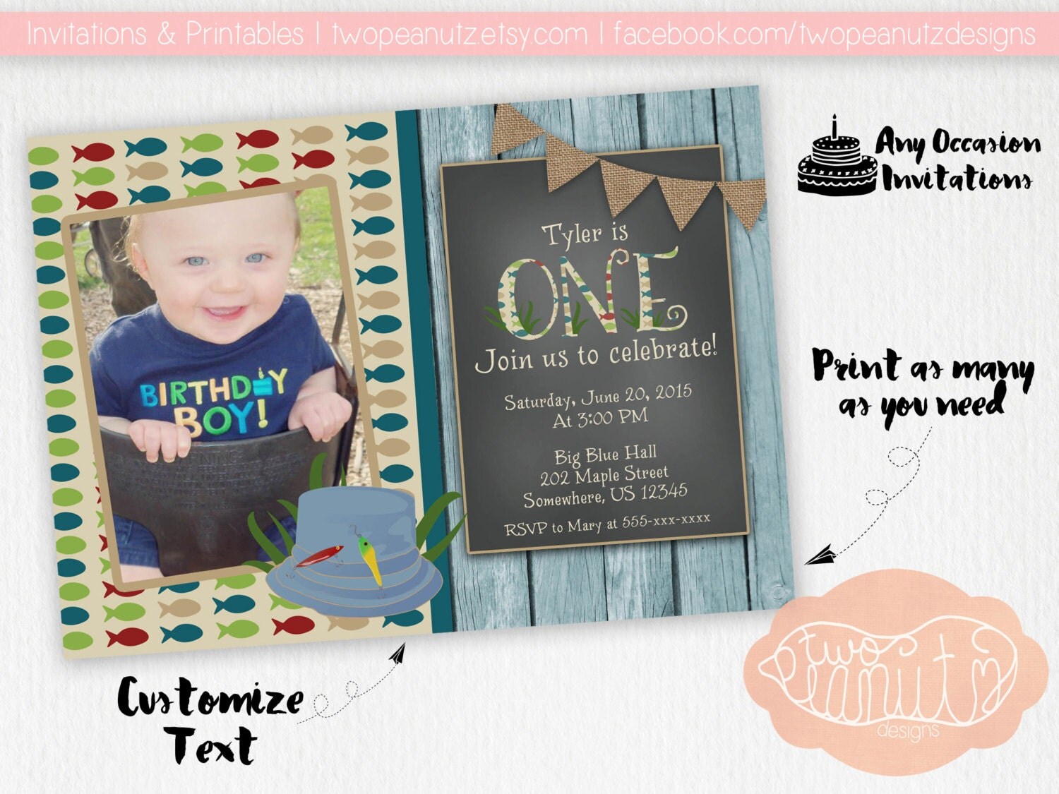 Fishing Birthday Invitation First Birthday Boys Fish Burlap