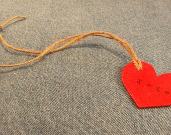 Wood Heart, XOXO, Hand Stamped, Red, Glitter, Gift Tag, Jute Twine