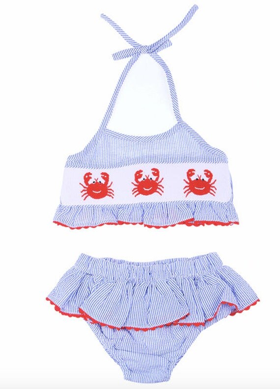 Seersucker Crab Hand Smocked Girls Swimwear Infant