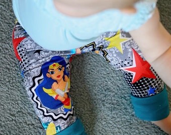 Grow with me, baby yoga pants, baby legging, superhero girl, wonder woman, harley quinn, comic book clothing, batman girl, cloth diaper pant