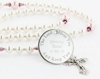 Girl Baptism Rosary, Personalized Rosary, Christening Gift, Baptism Gift, Swarovski Rosary, Pearl Rosary, White & Pink Rosary, PreciousWPc