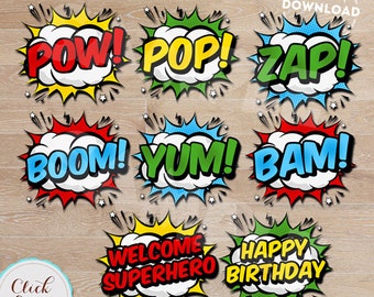 Superhero Burst Party Decorations, Superhero Pop Art, Bubbles, Party Supplies, Birthday party decorations Printables INSTANT DOWNLOAD