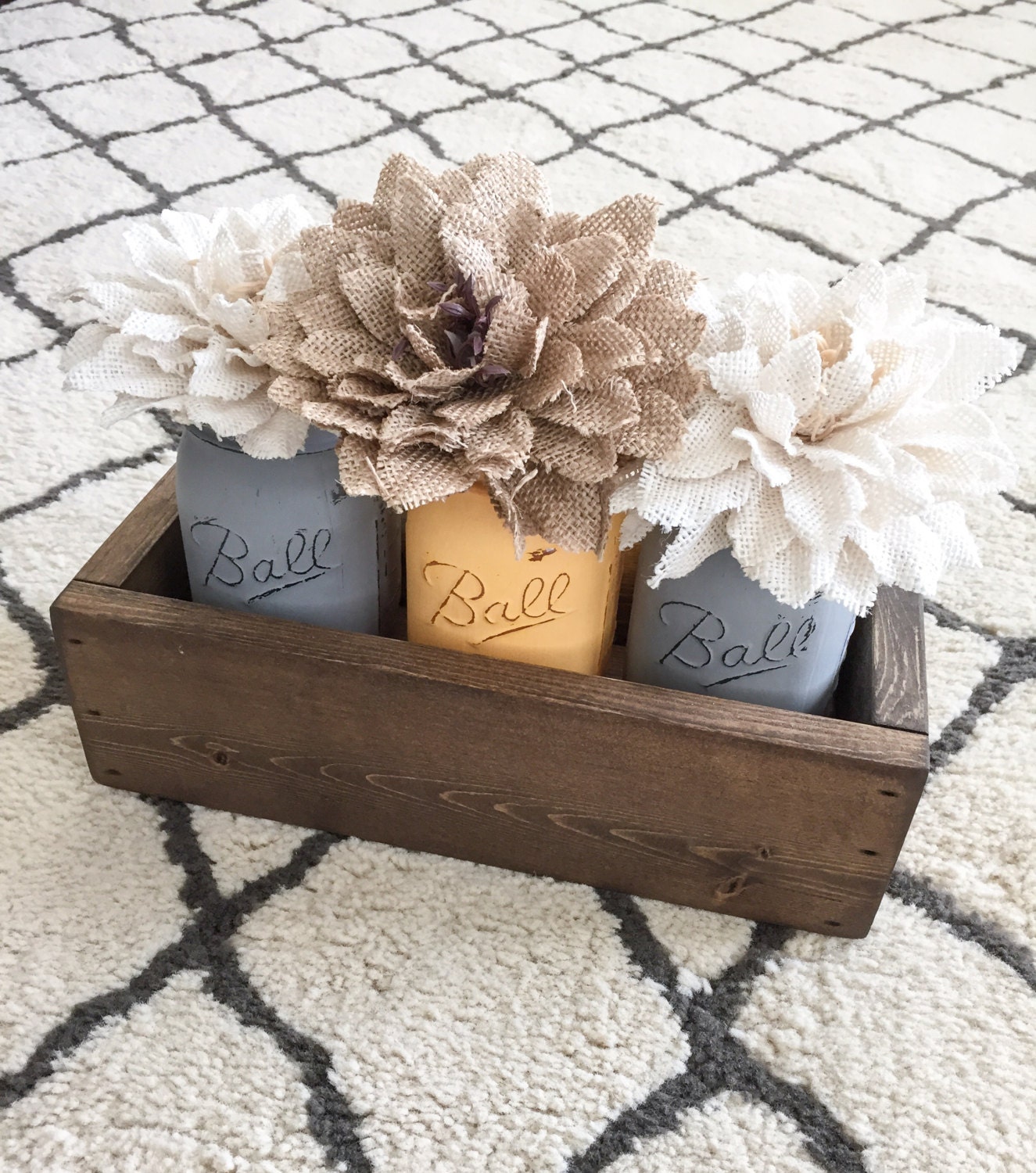 Rustic Planter Box Centerpiece With Three Painted Mason Jars