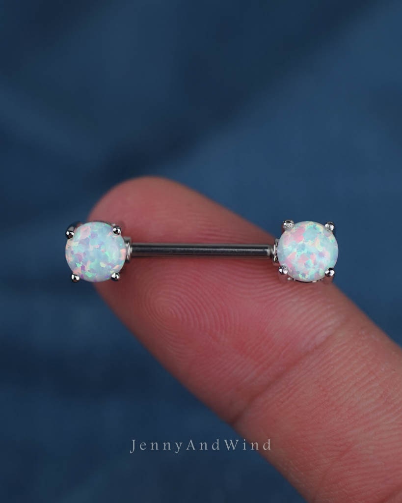 nipple ring 14g white fire opal nipple jewelry silver nipple