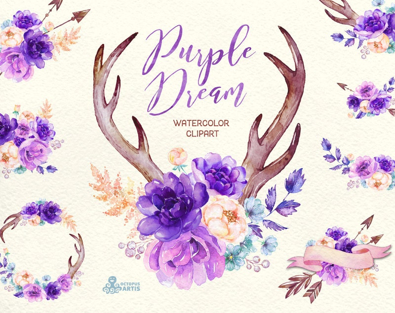 Download Purple Dream. Watercolor floral Clipart peony arrows
