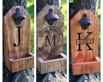 Personalized Beer Bottle Opener, Groomsmen Gift, Rustic Engraved Beer Bottle Opener, Cap Catcher, Wedding, Gift Ideas, Man Cave
