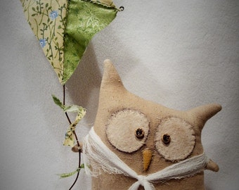 OoaK Primitive Folk Art * Sweet Little Owl Shelf Sitter with Kite * POPPYWISE * HAGUILD