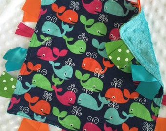 Personalized Tag Blanket Sensory Ribbon Blanket Lovey- Colorful Whales and Minky Dot