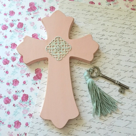 Wall Cross Pink Nursery Cross Baptism Cross by EthelsGranddaughter