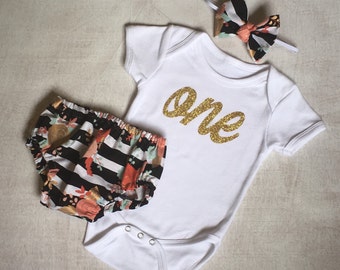 Baby girl's first birthday onesie, matching diaper cover, and headband, gold glitter vinyl