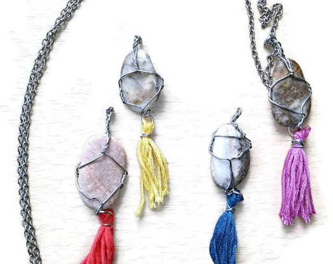 Boho stone tassel necklace/ boho tassel necklace/ hippie tassel necklace /stone necklace /boho stone necklace/ wire wrapped pendant/ stone