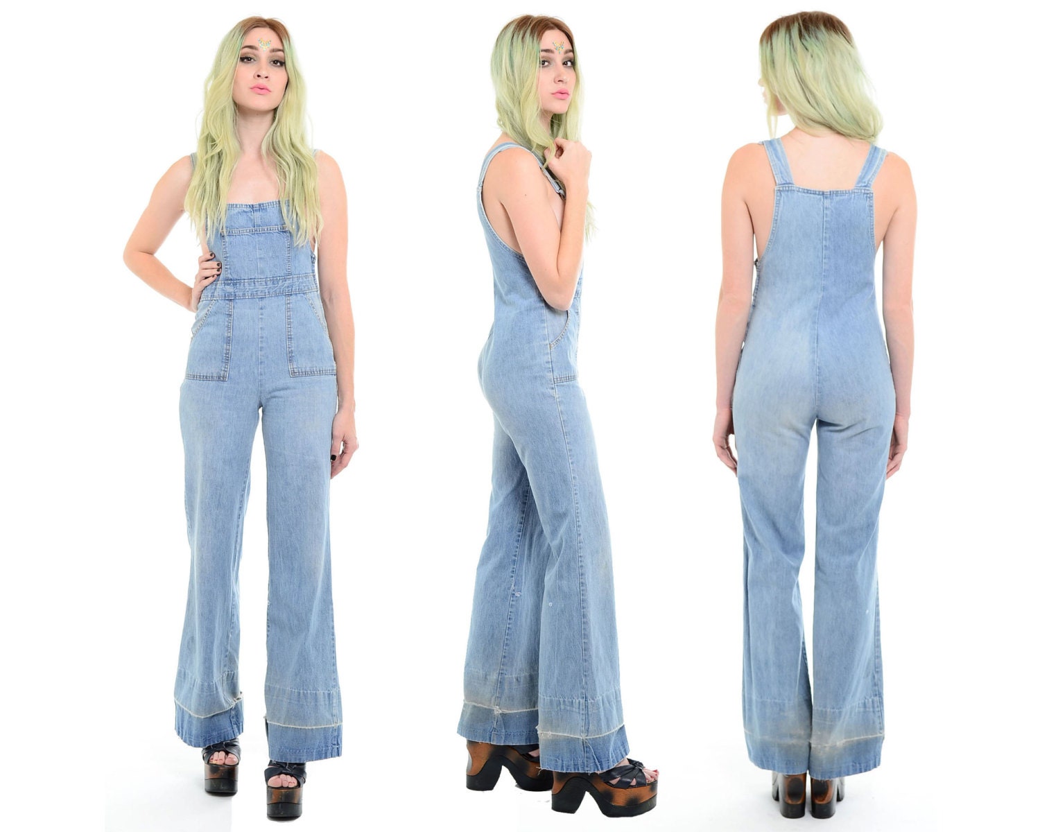 Vintage 70s Faded Denim Boho Hippie BIB OVERALLS Festival Bell
