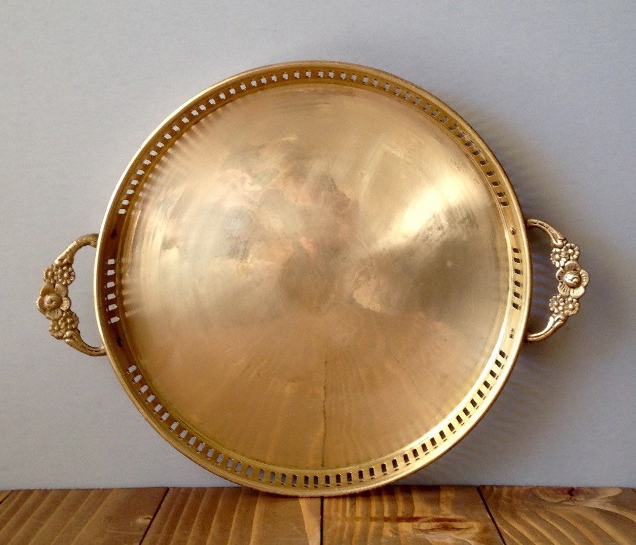 Vintage Brass Tray Round Brass Tray Brass by SeventyThreeVintage