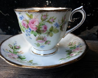 Vintage Royal Albert "Moss Rose" footed tea cup and saucer from the 1950's