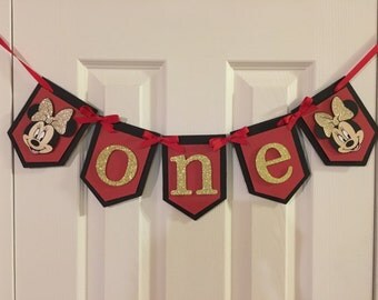 FREE SHIPPING Minnie Mouse One highchair birthday banner in red/black and gold theme