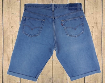 Vintage Levis 501 Shorts Turn Ups USA 1990s Soft Blue Denim Button Fly Red Tab High Waisted 90s Measure As W35
